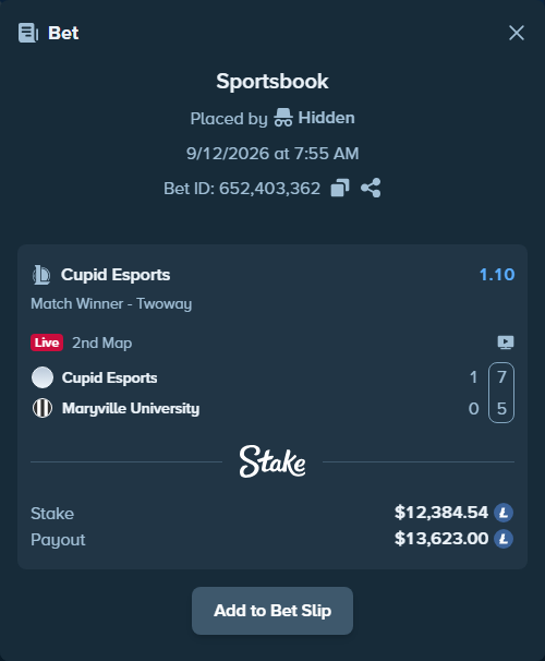 Bet slip: Cupid Esports - Maryville University, $12,504.93 stake at 1.10 odds, placed by Hidden