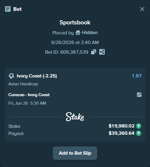 Bet slip: Curacao - Ivory Coast, $20,000.00 stake at 1.97 odds, placed by Hidden