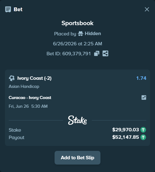 Bet slip: Curacao - Ivory Coast, $30,000.00 stake at 1.74 odds, placed by Hidden