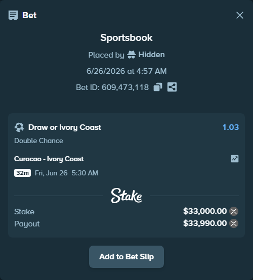 Bet slip: Curacao - Ivory Coast, $34,171.00 stake at 1.03 odds, placed by Hidden