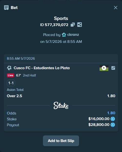 Bet slip: Cusco FC - Estudiantes La Plata, $16,000.00 stake at 1.80 odds, placed by ckranz