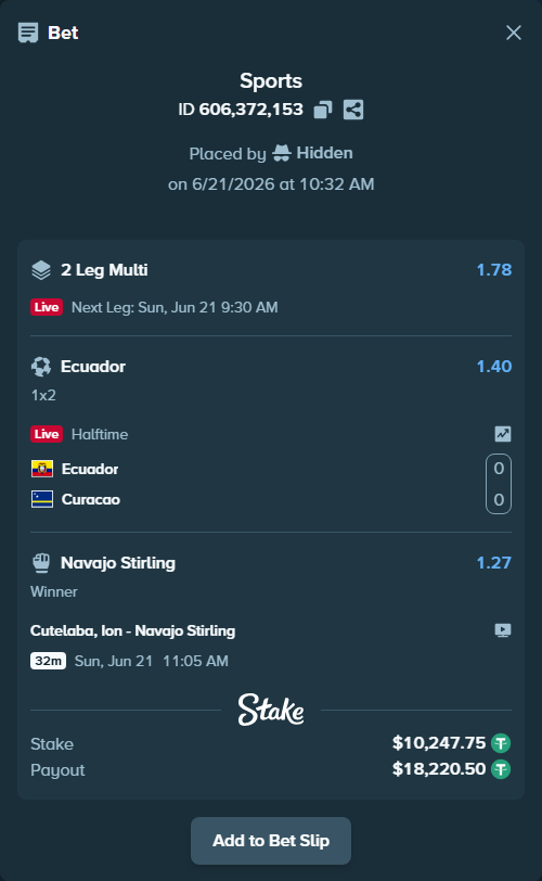 Bet slip: Cutelaba, Ion - Navajo Stirling, $10,258.00 stake at 1.27 odds, placed by Hidden