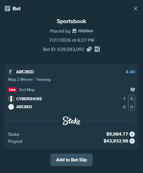 Bet slip: CYBERSHOKE - ARCRED, $9,527.04 stake at 4.40 odds, placed by Hidden