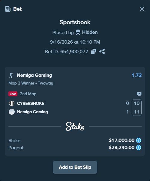 Bet slip: CYBERSHOKE - Nemiga Gaming, $17,000.00 stake at 1.72 odds, placed by Hidden