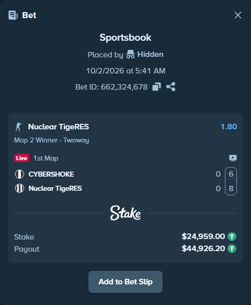 Bet slip: CYBERSHOKE - Nuclear TigeRES, $24,959.00 stake at 1.80 odds, placed by Hidden