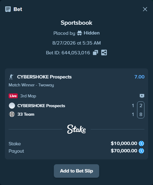 Bet slip: CYBERSHOKE Prospects - 33 Team, $10,000.00 stake at 7.00 odds, placed by Hidden