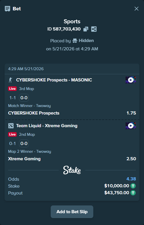 Bet slip: CYBERSHOKE Prospects - MASONIC, $10,010.00 stake at 1.75 odds, placed by Hidden