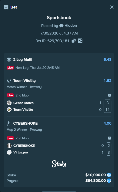Bet slip: CYBERSHOKE - Virtus.pro, $10,000.00 stake at 4.00 odds, placed by Hidden