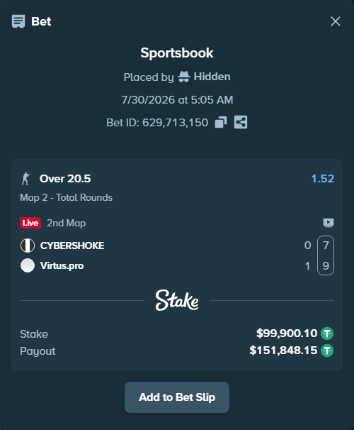 Bet slip: CYBERSHOKE - Virtus.pro, $100,000.00 stake at 1.52 odds, placed by Hidden