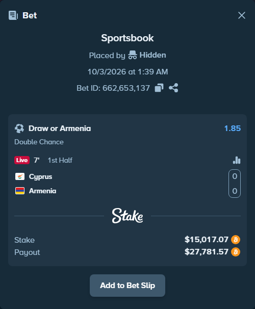 Bet slip: Cyprus - Armenia, $14,875.52 stake at 1.85 odds, placed by Hidden