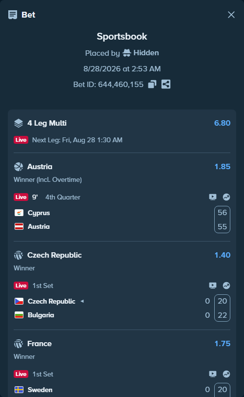 Bet slip: Cyprus - Austria, $10,000.00 stake at 1.85 odds, placed by Hidden