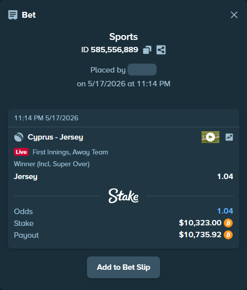 Bet slip: Cyprus - Jersey, $8,468.06 stake at 1.04 odds, placed by Lakshmi660