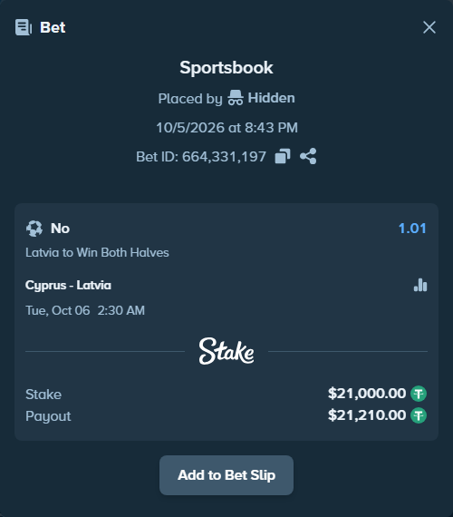 Bet slip: Cyprus - Latvia, $21,000.00 stake at 1.01 odds, placed by Hidden