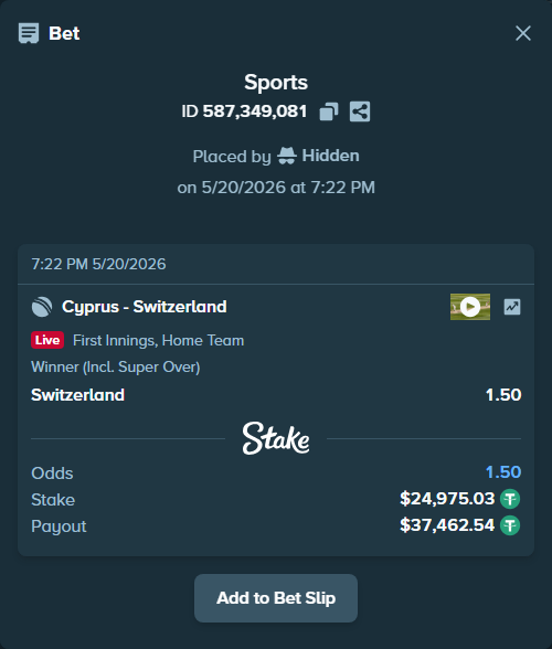 Bet slip: Cyprus - Switzerland, $25,000.00 stake at 1.50 odds, placed by Hidden