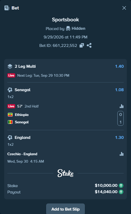 Bet slip: Czechia - England, $10,000.00 stake at 1.30 odds, placed by Usklood
