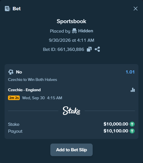 Bet slip: Czechia - England, $10,000.00 stake at 1.01 odds, placed by korehato