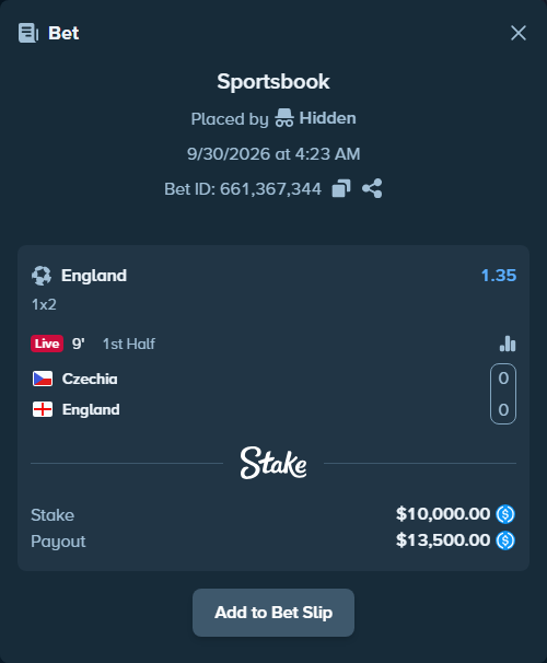 Bet slip: Czechia - England, $10,000.00 stake at 1.35 odds, placed by davidosnn