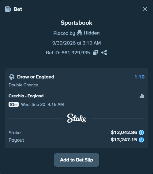 Bet slip: Czechia - England, $12,042.86 stake at 1.10 odds, placed by bjellesau17