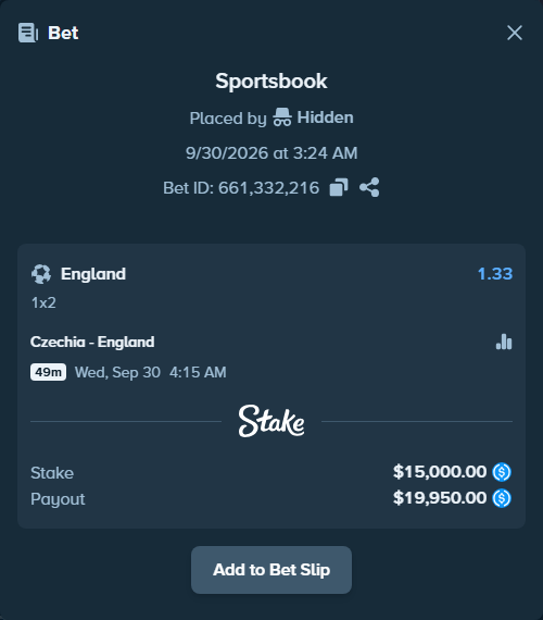 Bet slip: Czechia - England, $15,000.00 stake at 1.33 odds, placed by winnirium228