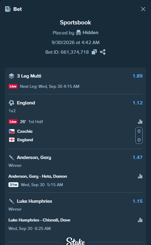 Bet slip: Czechia - England, $30,036.00 stake at 1.12 odds, placed by Hidden