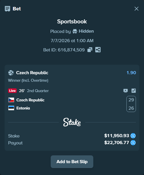 Bet slip: Czechia - Estonia, $11,950.93 stake at 1.90 odds, placed by Hidden