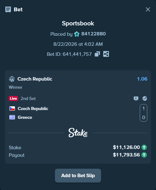 Bet slip: Czechia - Greece, $11,126.00 stake at 1.06 odds, placed by 84122880
