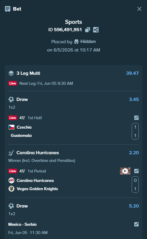 Bet slip: Czechia - Guatemala, $25,000.00 stake at 3.45 odds, placed by Hidden