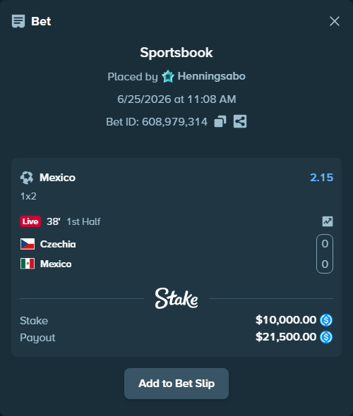 Bet slip: Czechia - Mexico, $10,000.00 stake at 2.15 odds, placed by Henningsabo