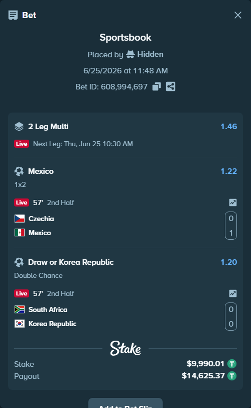 Bet slip: Czechia - Mexico, $10,000.00 stake at 1.22 odds, placed by Hidden