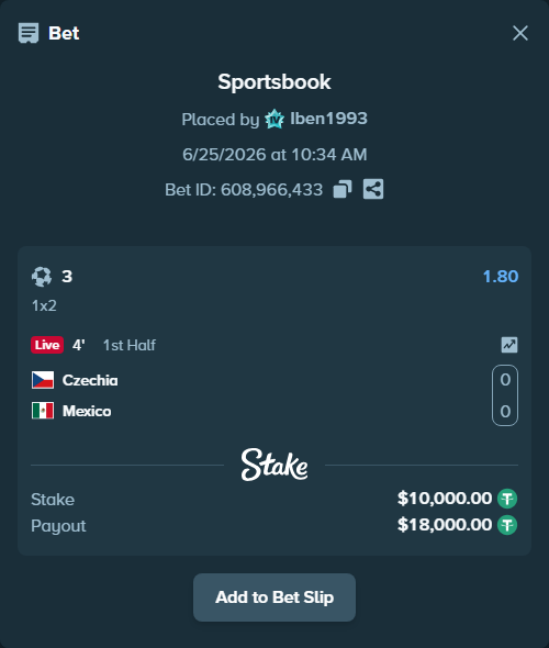 Bet slip: Czechia - Mexico, $10,010.00 stake at 1.80 odds, placed by Iben1993