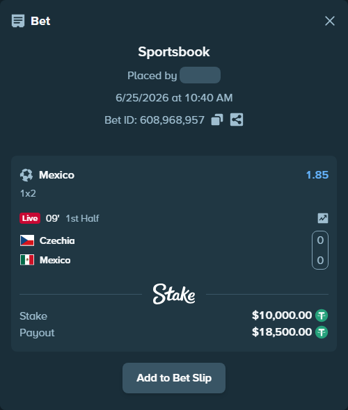 Bet slip: Czechia - Mexico, $10,010.00 stake at 1.85 odds, placed by Olecashoutlind