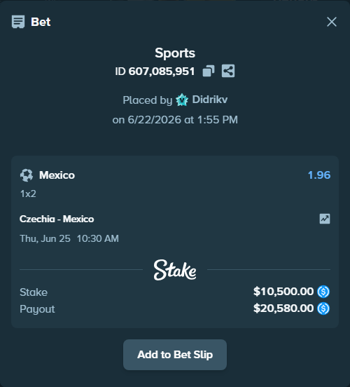 Bet slip: Czechia - Mexico, $10,500.00 stake at 1.96 odds, placed by Didrikv