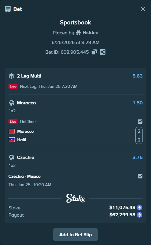 Bet slip: Czechia - Mexico, $10,809.22 stake at 3.75 odds, placed by Hidden