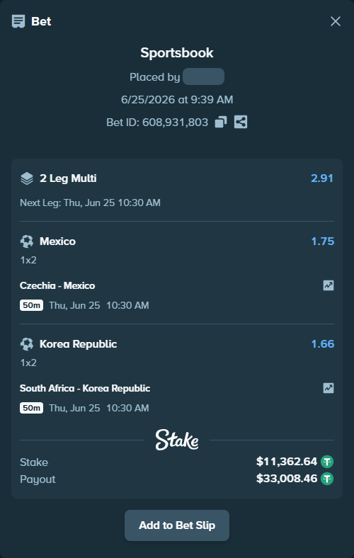 Bet slip: Czechia - Mexico, $11,374.00 stake at 1.75 odds, placed by ashaark