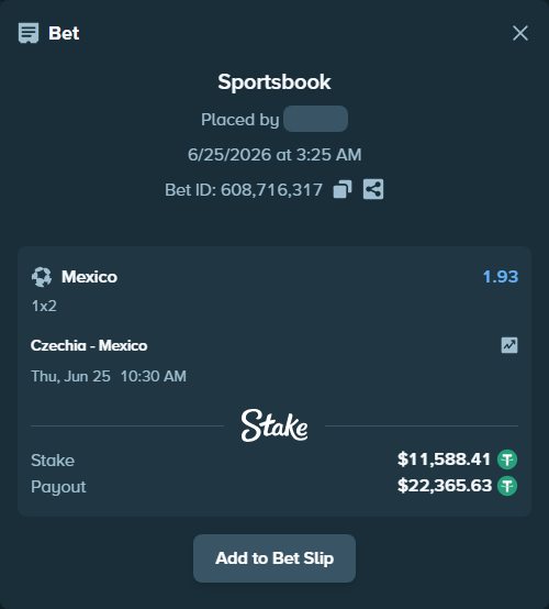 Bet slip: Czechia - Mexico, $11,600.00 stake at 1.93 odds, placed by heima01