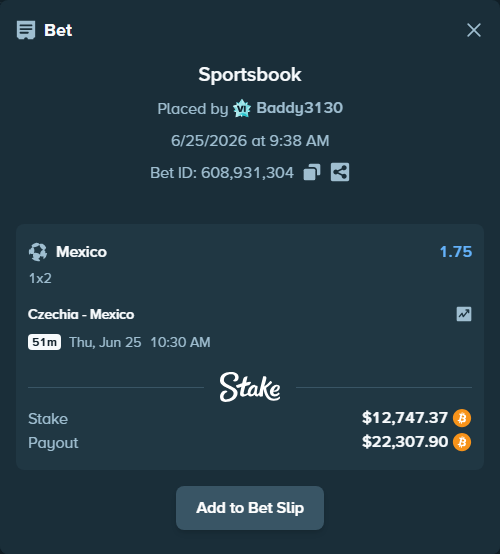 Bet slip: Czechia - Mexico, $12,316.74 stake at 1.75 odds, placed by Baddy3130