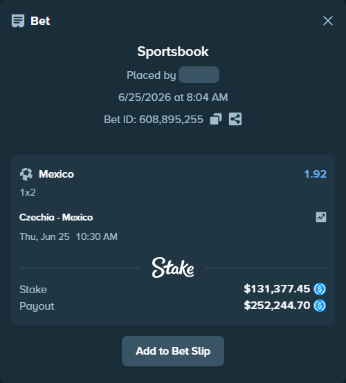 Bet slip: Czechia - Mexico, $131,377.45 stake at 1.92 odds, placed by Hasse5