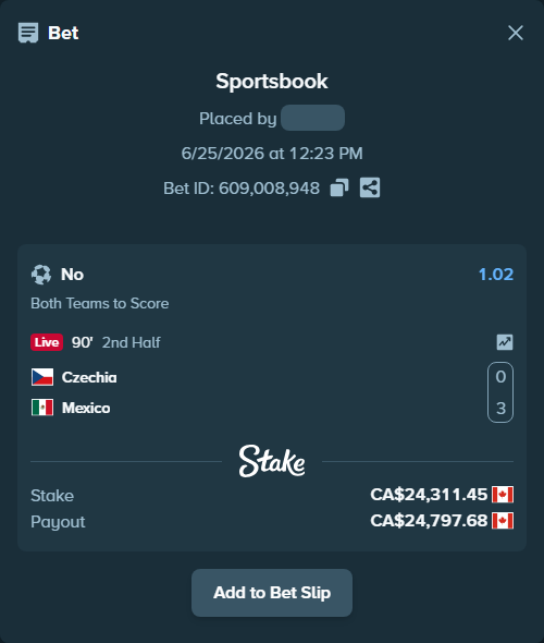 Bet slip: Czechia - Mexico, $17,990.47 stake at 1.02 odds, placed by jm6187