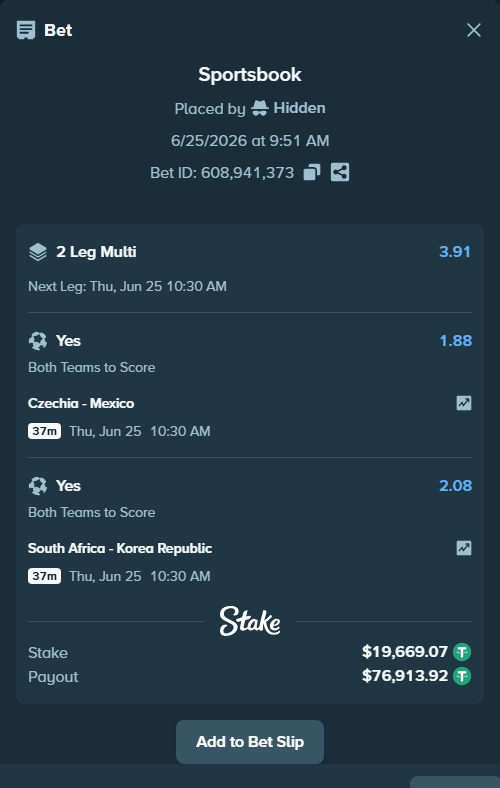 Bet slip: Czechia - Mexico, $19,688.74 stake at 1.88 odds, placed by Bigfoltz