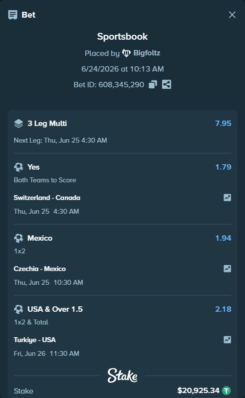 Bet slip: Czechia - Mexico, $20,946.26 stake at 1.94 odds, placed by Bigfoltz