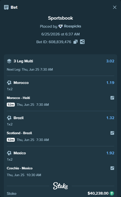 Bet slip: Czechia - Mexico, $40,278.24 stake at 1.92 odds, placed by Rosspicks
