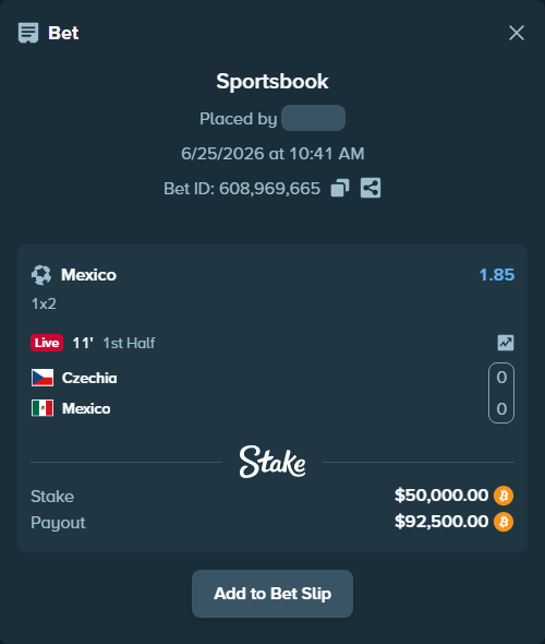 Bet slip: Czechia - Mexico, $48,487.45 stake at 1.85 odds, placed by Jossgus