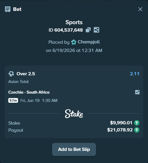 Bet slip: Czechia - South Africa, $10,000.00 stake at 2.11 odds, placed by Champjoll
