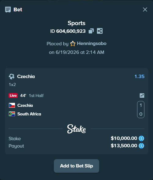 Bet slip: Czechia - South Africa, $10,000.00 stake at 1.35 odds, placed by Henningsabo