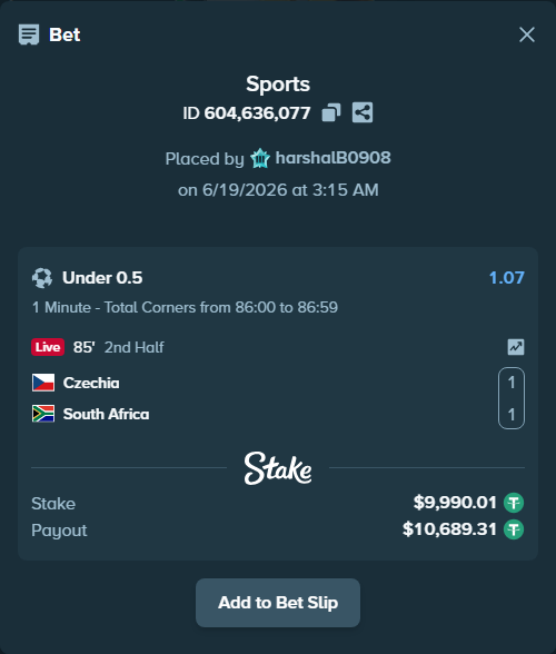 Bet slip: Czechia - South Africa, $10,000.00 stake at 1.07 odds, placed by harshalB0908
