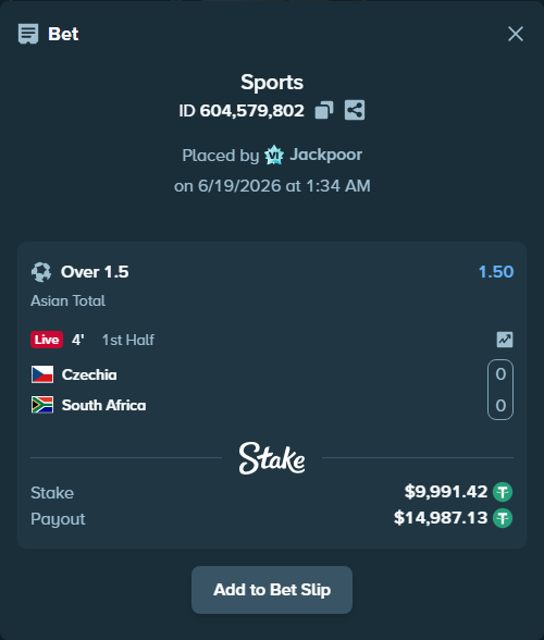 Bet slip: Czechia - South Africa, $10,001.41 stake at 1.50 odds, placed by Jackpoor