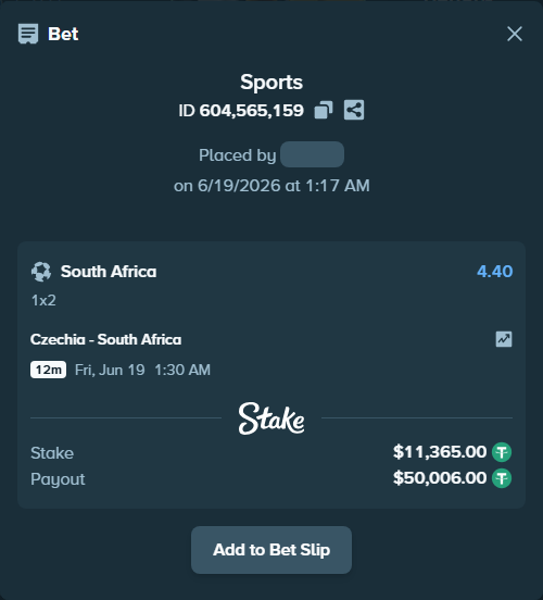Bet slip: Czechia - South Africa, $11,376.36 stake at 4.40 odds, placed by Duretil05