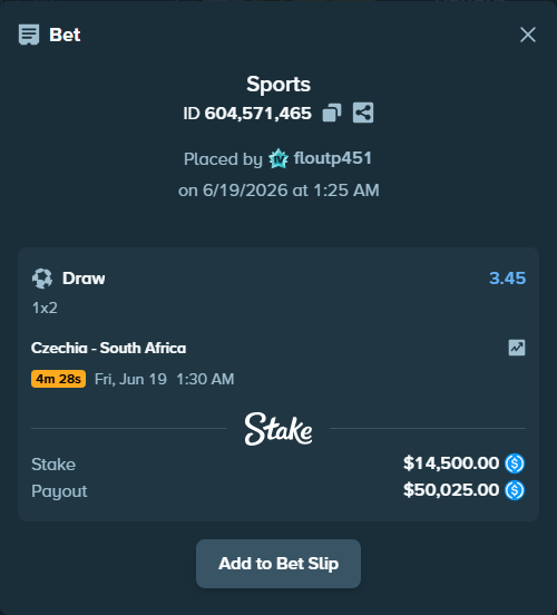 Bet slip: Czechia - South Africa, $14,500.00 stake at 3.45 odds, placed by floutp451