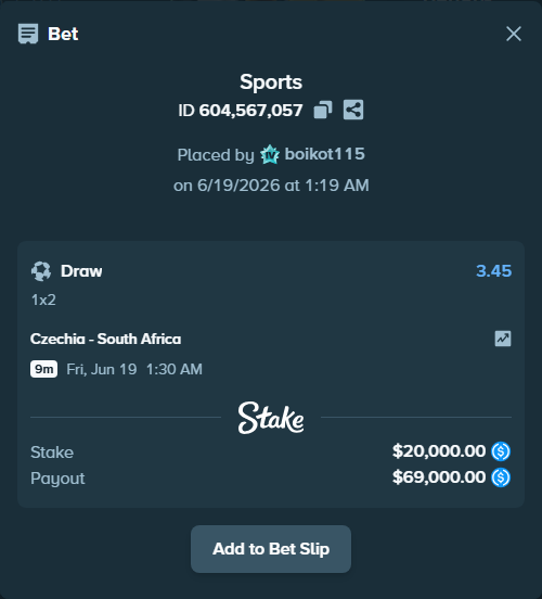 Bet slip: Czechia - South Africa, $20,000.00 stake at 3.45 odds, placed by boikot115