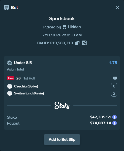 Bet slip: Czechia (Spike) - Switzerland (Kevin), $44,918.76 stake at 1.75 odds, placed by Hidden